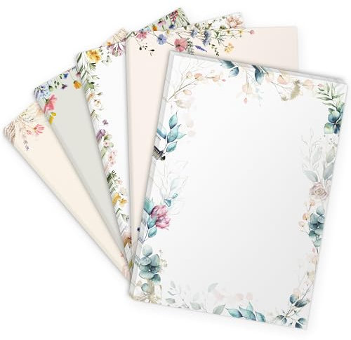 Einladungskarten Manufaktur Hamburg 50 x Briefpapier MIX | Bunter Blumen Muster Papier Mix 5 Motive | Motivpapier A4 | edles Design Papier | beidseitig bedruckt | Set