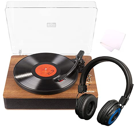 RP162 Vinyl Record Player with Bluetooth Output, Built-in Speakers, Wireless Headphones and Vinyl Cleaning Cloth, USB MP3 Digital Converter Turntable, 3-Speed Vintage Bluetooth Record Players