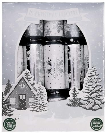 RSW International 10 Family Eco Christmas Crackers - Silver & White - Snowflake