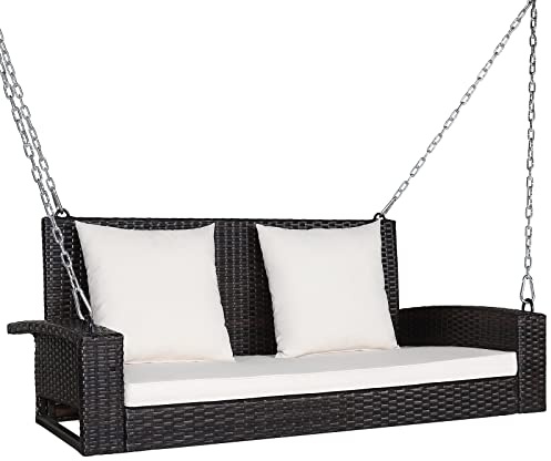 COSTWAY 2 Seater Porch Swing Chair, Rattan Patio Swing Bench Loveseat with 2 Pillows, Seat Cushions & Hanging Chains, Outdoor Garden Hanging Swing Seat Hammock for Balcony Yard Lawn (White+Brown)