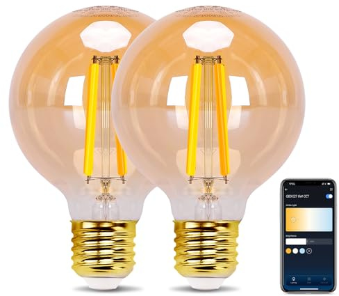 Aigostar Smart LED Glühbirne E27， 6W Vintage Glühbirnen， G80 Bernstein Globe， 806LM Warmweiß Dimmbar 2700K -6500K， Kompatibel mit Alexa und Google Home， Kein Hub erforderlich， 2.4GHz WiFi， 2 Stücke