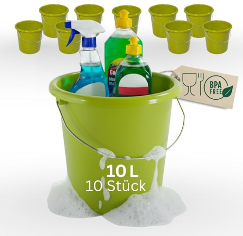 Novaliv 10 Stück Eimer 10L Grün mit Maßeinteilung - Putzeimer 10 Liter ? 28,5 cm Praktischer Allrounder mit Skala für Haushalt & Garten ideal als Haushaltseimer, Wassereimer, Wischeimer, Bucket