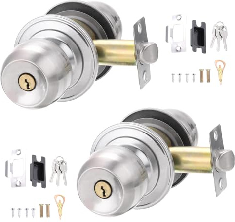 PATIKIL Türgriffe Mit Schlüssel Innentüren 70mm/2.8Zoll 2 Stück Runde Edelstahl Schlafzimmer Badezimmer Türknauf Mit Zink Schloss Für Innen Und Außen Türen Silber