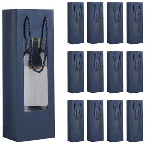 xocome Bolsas de vino con ventana abierta, 12 unidades de papel kraft para bodas y fiestas, azul, Elegante y práctico