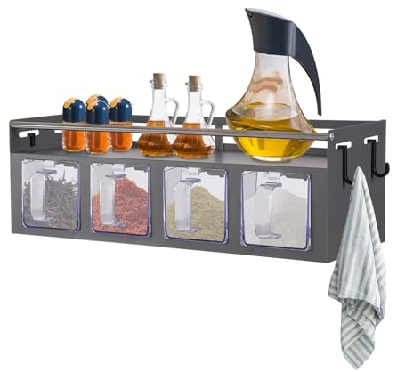 HuKaiL Hängender Gewürzregal, 2-Stufiges Gewürzständer WandregalKüche ohne Bohrenmit mit 4 Gewürzboxen und 4 Haken, Gewürzregal Wand Gewürzorganisator mit 15kg Gesamtbelastbarkeit, 39.5 * 13.5 * 13cm
