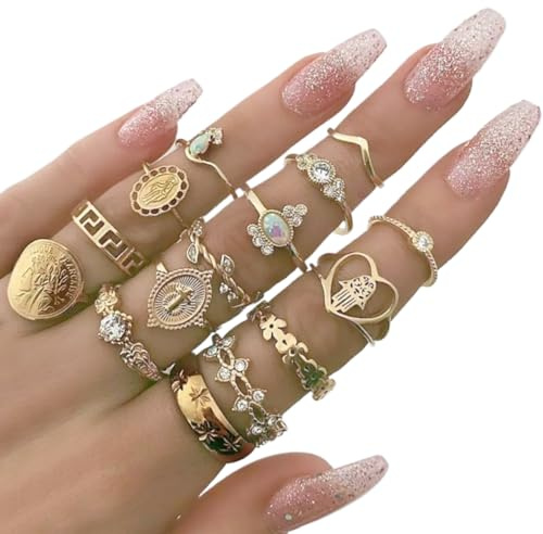 XBFOCNH 15 Stück Boho Gelenk Fingerringe,Stapelbare Midi Ringe Set,Gold Vintage Stapelbarer Ring,ringe gold Ideal für Geburtstagsfeiern, Abschlussbälle usw