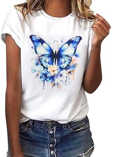 heekpek Camiseta Manga Corta Mujer Blanca Basicas T-Shirt Mujer Algodon Casual Cuello Redondo Camiseta de Verano con Estampado, Azul Mariposa, L