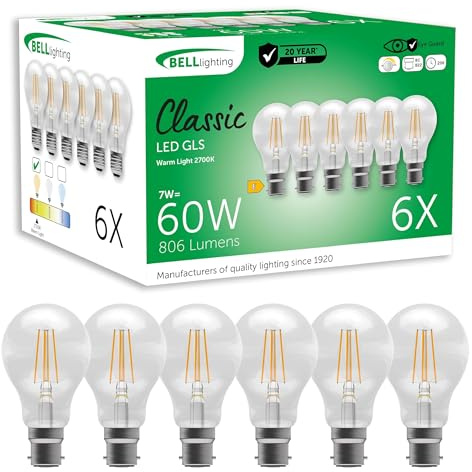 BELL Lighting B22 Dimmable LED GLS Filament Bulbs 7W 806lm Warm 6 Pack | Dimmable B22 bayonet LED GLS filament bulbs with 2700K warm white light, 806lm output and 60W equivalent brightness.