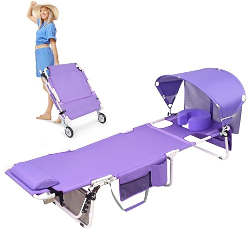 Wheel-To-Go Sun Chair with Wheels, Sun Canopy, Umbrella and Face Hole, Portable Heavy Duty Folding Chair, Sunbathing, Reading, Beach, Pool, Lying Flat, 300 lbs (Patented Design)