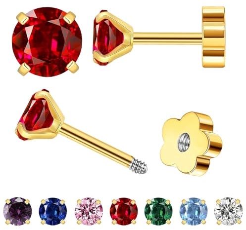 Kleine Gold Stud Flat Back Ohrringe für Frauen Mädchen, 14K Gold plattiert Cubic Zirkonia Schraube Zurück Tiny Ohrringe, Hypoallergen Flatback Zierlichen Knorpel Ohrring (Roter Granat)