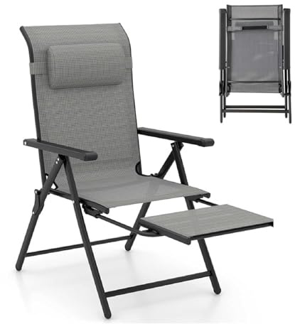 COSTWAY Folding Sun Lounger for Garden, 10-Position Adjustable Patio Chaise Lounge Chair Deck Sunbed with Armrests and Retractable Footrest, Outdoor Recliner Chair for Porch Beach Camping (1, Grey)