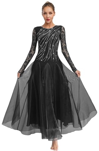 Eandarui Contemporary Kleid Damen Modern Lyrisches Tanzkleid Strass Glitzer Ballettkleid Blumenspitze Patchwork Maxikleid Mit Tüllrock Tutu Schwarz M