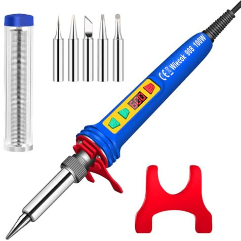 100W Kit Saldatore a Stagno, Wiecok Saldatore Digitale con Schermo LCD e Temperatura Regolabile 200℃-600℃, Interruttore ON/OFF, 5 Punte per Saldatura, 15g Filo per Saldatura -Blu