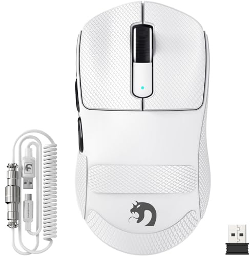 MAMBASNAKE M3 39g SUPERLIGHT Wireless Gaming Mouse with Coiled Mouse Cable, PixArt PAW3395PRO Sensor, Up to 40000 DPI, BT/2.4G Wireless/Wired, 200Hrs Battery, Dual Driver, for PC/Xbox/PS/Mac (White)