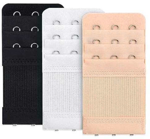 3 Pieces Bra Extenders, Bra Strap Extension, Comfortable Stretchy Bra Extender Strap for Women, Stainless Steel Hook, 3 Colors (Black, White, Skin)