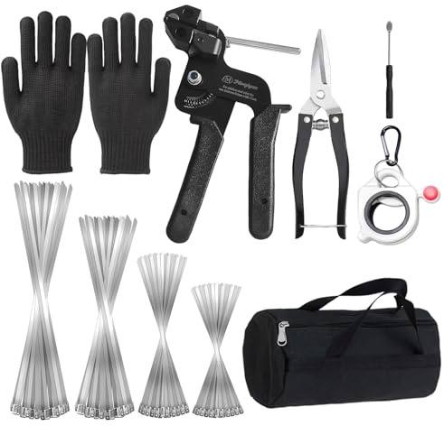 Metal cable tie gun set,contains 200 heavy-duty outdoor stainless steel cable ties,suitable for chain link fence components,wire mesh rolls,exhaust pipe winding,poultry fencing,boat construction,etc