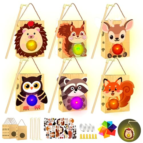 RIRIDAMAI Laternen Bastelset, LED Laterne mit Stab, Laternen zum Selber Basteln,Herbst Basteln,Papiertüten mit Transparentpapier und Stanzteilen,Fuchs, Eule, Bär,Igel,Reh,Eichhörnchen
