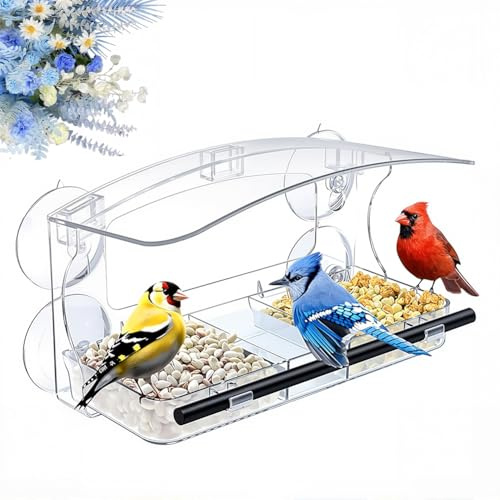 Vogelhaus Fenster, Aus Acryl mit 4 Saugnäpfen, Fenster Vogelfutterhaus mit 3 Fächern & Anti-Rutsch-Stange, für Garten, Terrasse, Fenster