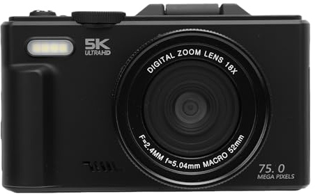 Akozon Fotocamera Digitale 5K 75MP WiFi 18X Zoom Selfie Fotocamera da Viaggio con Schermo Ribaltabile da 3 Pollici a 180 Gradi Scheda di Memoria da 32 GB Obiettivo Grandangolare Macro (BLACK)