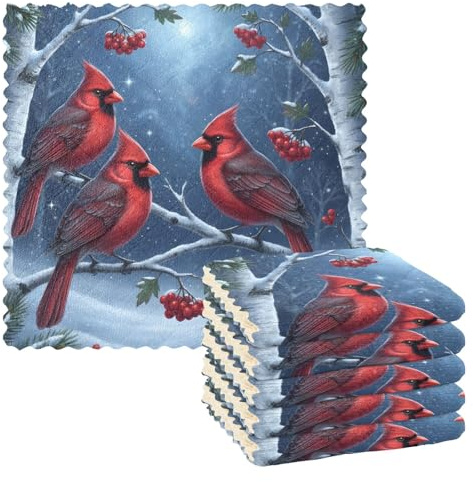 Mnsruu Microfibre Cleaning Cloths Cardinal Night Tree Reusable Dish Cloths for Washing Up 6 Pack Swedish Dishcloth Microfibre Cleaning Towels Washable Duster Rags Cloth Home