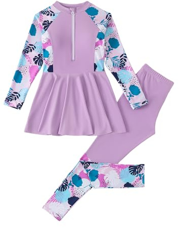 IMEKIS Muslim Swimwear for Girls Kid Long Sleeve Rash Guard Swimsuit Tropical Print Swimming Top with Swim Pants 2pcs Modest Bathing Suit for Age 8 to 12 Years Purple 12 Years