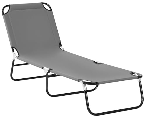 Outsunny Lettino Prendisole Pieghevole con Schienale Reclinabile su 5 Livelli, Sdraio da Giardino con Seduta Traspirante in Tessuto Oxford, per Spiaggia Piscina Giardino, 188x56x28 cm, Grigio