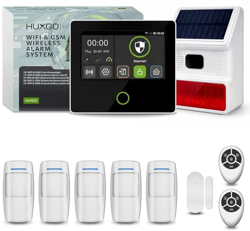 HUXGO® HXA502 Allarme casa wireless WiFi + GSM 4G, sirena solare | Kit antifurto con 5x rilevatori movimento, 1x sensori per finestre/porte | Smart Home Security | Per Casa, Appartamento, Garage