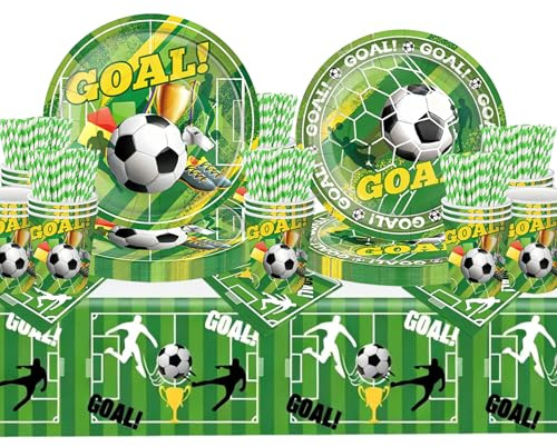 Juego de vajilla de fiesta de fútbol con platos de papel, servilletas, mantel, taza de papel, decoración para fiesta de fútbol, cumpleaños, fiesta de fútbol