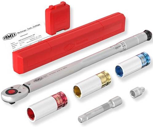 FAMEX 10886-3N Drehmomentschlüssel Set 1/2 (12,5mm) - 30-210 Nm mit Stecknüsse aus robusten Chrom-Molybdän-Stahl, Kalibrierschein, geprüft, Verlängerung, Adapter