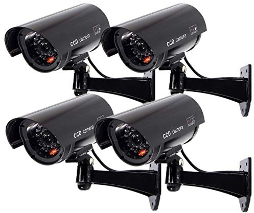 F FINDERS&CO Outdoor Fake Security Camera, Dummy CCTV Surveillance System with Realistic Red Flashing Lights and Warning Sticker (4, Black)