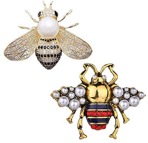 CAREOR - Lot de 2 fermagli per capelli a forma di ape con strass e perle - Per donna - Dorati o argentati