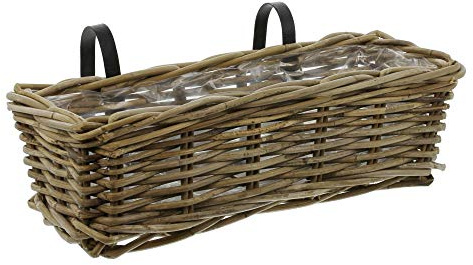 FRANK FLECHTWAREN Balkonpflanzer Rattan Mittel, Koboo-Grey, Schwarze Metallbügel, 46x18x15 cm, Mit Folie, Blumenkasten Balkon