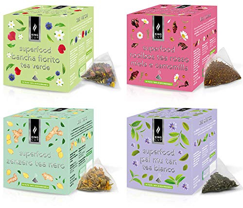King Cup - Multipack de Thé Assortis, 4 Paquets Mixtes avec 10 Filtres Biodégradables, 1x Thé Rouge Rooiboss, 1x Thé Vert Bancha Fleuri, 1x Thé Blanc Pai Mu Tan, 1x Thé Noir au Gingembre, 40 Filtres