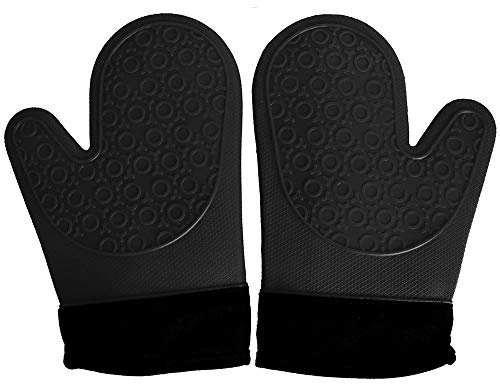 2PCS Black Professional Extra Large Silicone Oven Mitts and Pot Holders Oven Gloves Heat Resistant Gloves Kitchen Mittens BBQ Holders for Cooking Grill Rubber for Cooking