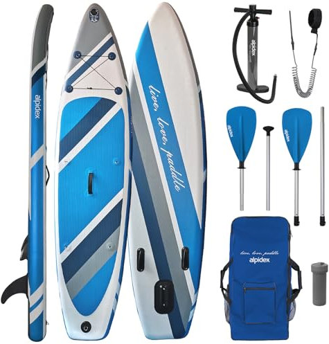 ALPIDEX Stand Up Paddle Set SUP 320 x 76 x 15 cm max. belastbar bis 200 kg Aufblasbar Stabil Leicht Komplett Set Tragetasche Paddel Finnen Luftpumpe Leash Repair Kit, Farbe:Water