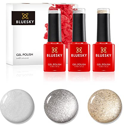 Bluesky Gel Polish, Gel Nagellack Set, Metallic Sheen. Silver Vip 80535, Silver Glitter A018, Goldfish A034. 3 x 5 ml Silber, Glitzer