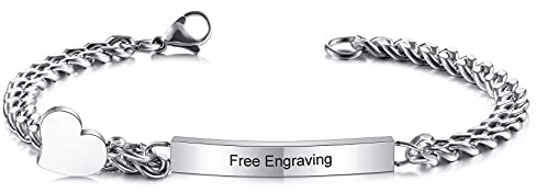 MunkiMix Personalisierte Armbänder Gravur Name Identifikation Stabarmband für Frauen Mädchen Benutzerdefinierte Edelstahl Fußkettchen Link mit Herzanhänger Freundschaft Brautjungferngeschenke