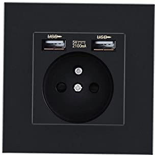 Sharplace Prise Murale, Prise Electrique Murale avec Double USB 5V/2100mA, Prise Encastrable Noire avec 2 Ports de USB Pratique et Manialble