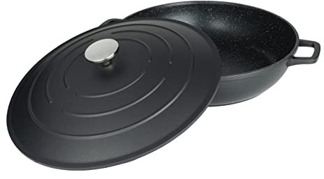 Commichef XR-L32BK 32cm Cast Aluminium Shallow Casserole Dish, Suitable for Oven and All Types of Hob, Perfect for Stews and Casseroles, Black