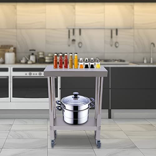 KenSyuInt 2 Ebenen Edelstahltisch mit Rollen, Edelstahl Arbeitstisch Küchentisch Catering Tisch Lebensmittel Zubereitungstisch für Bar, Restaurant, Haus, Hotel, Outdoor (60 * 30 * 85 cm)