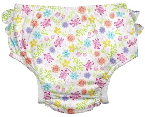green sprouts - Eco snap Ruffled Swim Diaper with Gussets - White Turtle Floral - 6mo (3-6m)