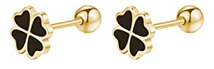 Reffeer Ohrstecker aus massivem 925er-Sterlingsilber, Kleeblatt-Ohrstecker für Damen, kleine Blatt-Ohrstecker, schwarze Ohrringe, Schraubverschluss (B-Gelb)