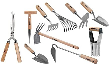 VITO - Kit 10 Outils de Jardinage en Acier Inoxydable et Fer Forgé Manche en Bois Ergonomique Set Complet pour Entretien Potager Massifs et Plantation Fabriqué au Portugal