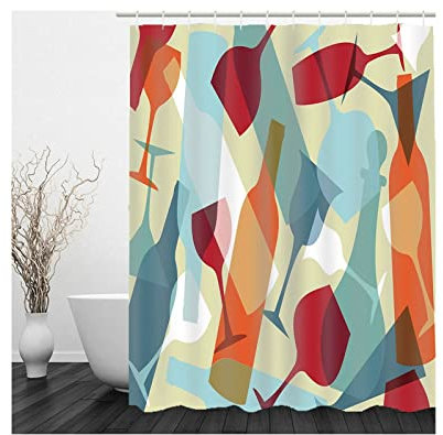 Whoiy Duschvorhang Blau Stoff, Duschrollo Um Die Ecke 165X180cm Polyester Shower Curtains Rotweinflasche Waschbar Wasserdicht