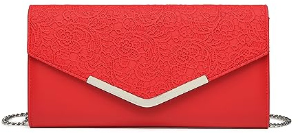 Miss Lulu Pochettes et Clutches de Femme - Rabat dentelle + Sac corps cuir- Sac à bandoulière avec chaîne - Pochette a main en mode - Cadeau pour les Filles Fête Mariage Soirée Ceremonie (Rouge)