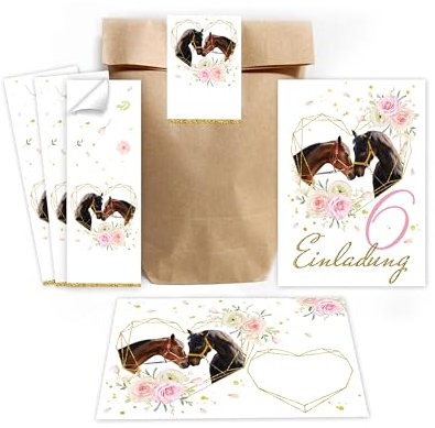 Minkocards 12 Einladungskarten zum 6. Kindergeburtstag Mädchen zwei Pferde Einladung sechste Geburtstag incl. 12 Umschläge, 12 Partytüten/natur, 12 Aufkleber Einladungsset