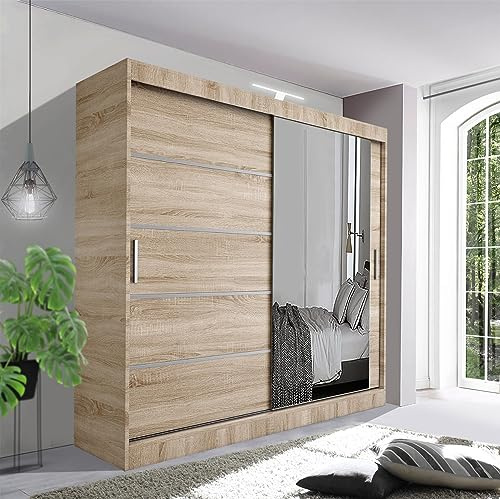 German Sliding Wardrobe Contemporary Bedroom Sliding Wardrobe with LED Light - Spacious and Stylish Design comes in White/Grey/Black/Oak and Width 120cm/150cm/180cm/203cm/250cm (Oak, 203cm)