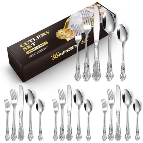 Ensemble de vaisselle de luxe 20 pièces/40 pièces, ensemble rétro couteau, cuillère et fourchette en acier inoxydable, adapté à la fête d'anniversaire de mariage,20PCS-Silver