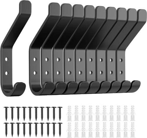 Josmimic 10 Pack Aluminum Wall Hooks for Hanging: 10KG Metal Strong Hook with Screw, Individual Hangers for Clothes Coat Towel, for Bathroom Door, Black 10cm