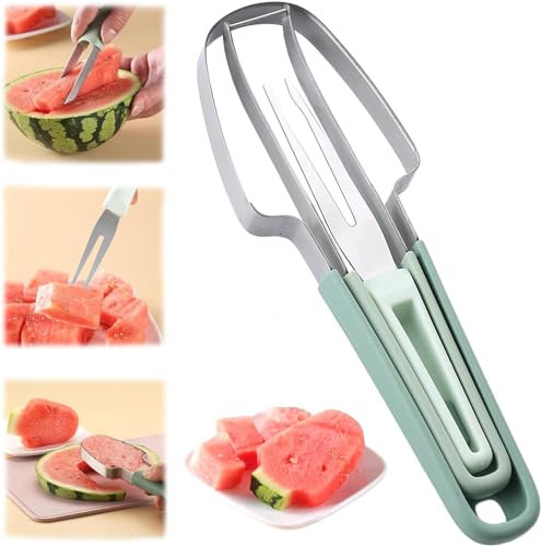 Cortador de Sandía, 3 en 1 Acero Inoxidable Melón Cuber Cuchillo, Juego de Herramientas para Frutas, Juego de Cortador de Frutas para ensaladas de Frutas DIY (Verde, 1 Pieza)